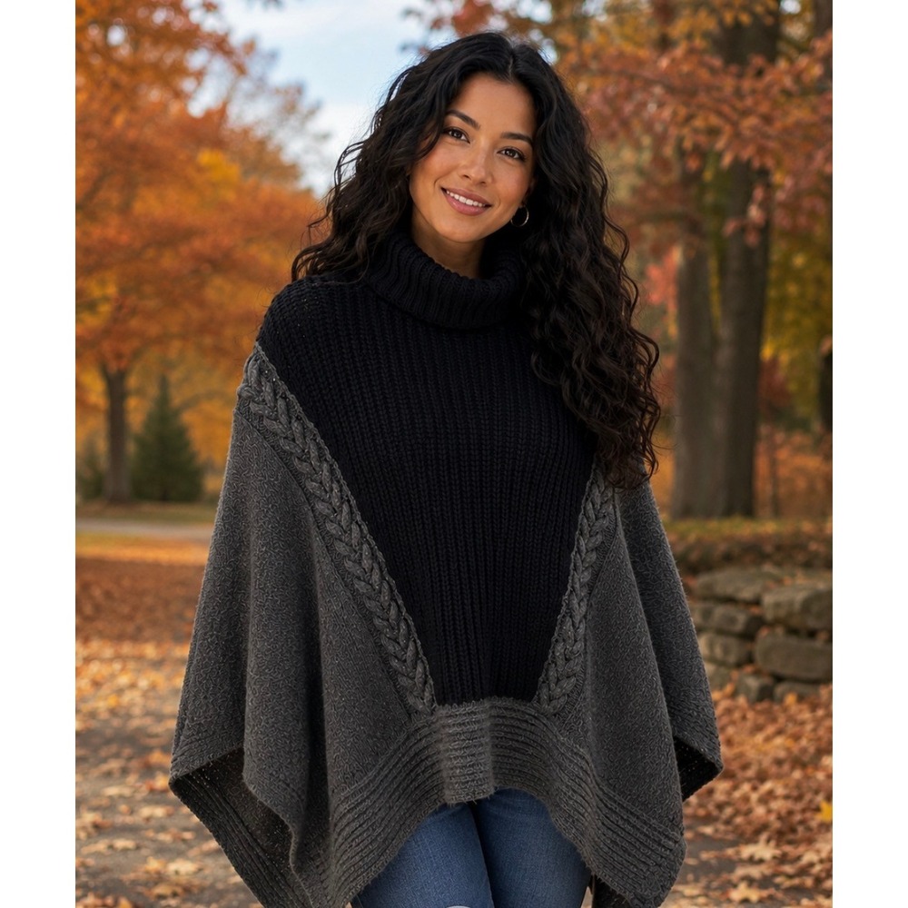 Simply Vera Vera Wang Gray & Black Colorblock Poncho Sweater Turtleneck XS/S